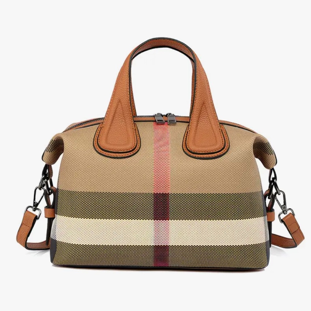 Tan & Beige Striped Women’s FashionTote Bag with Leather Trim